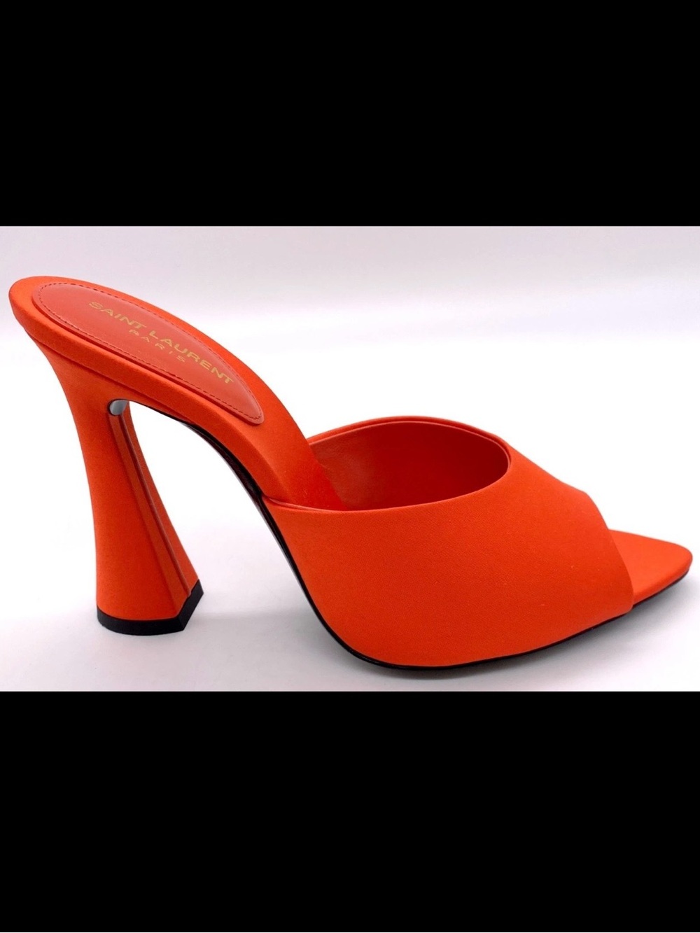 Saint Laurent Bright Orange Satin Peep-Toe Mule - Picture 4 of 8